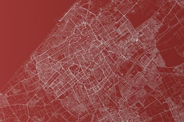 Map of the streets of Hague (Netherlands) made with white lines on red background. Top view. 3d render, illustration