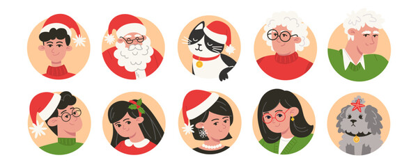 Portraits of people of different ages in Christmas outfits with their pets, profile icon, avatar
