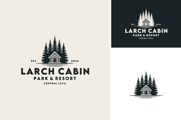 Evergreen Pine Larch Cedar Trees view with cabin and lake for Forest village cottage family house rent  vintage classic logo design