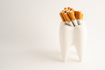 Cigarette with teeth isolated on white background with copy space, No smoking, damage the health of...