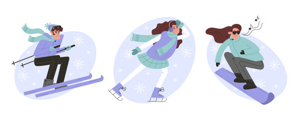 Set of winter sports activities with skiing, ice skating, and snowboarding