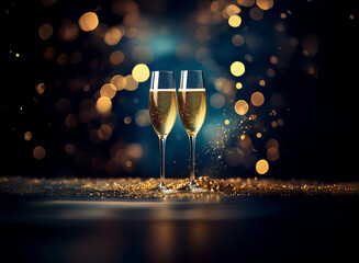 Two champagne flutes filled with sparkling wine sit on a surface covered in gold glitter against a...