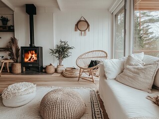 Cozy Living Room with Fireplace, Wicker Chair, and White Sofa