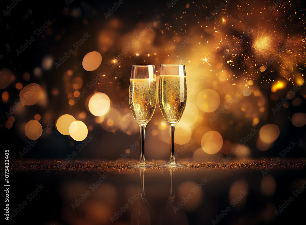 Poster two champagne flutes filled to the brim with golden bubbly stand in front of a sparkly, bokeh backgr