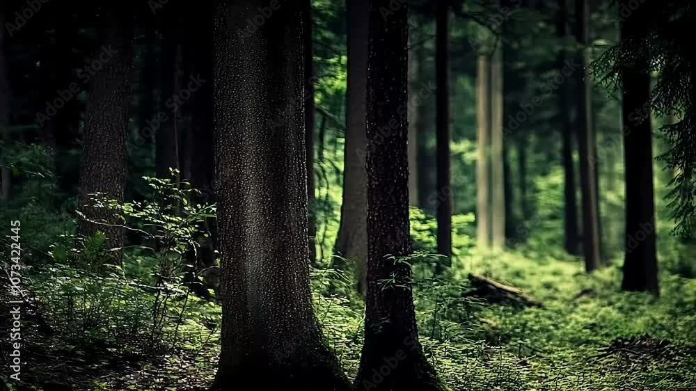 Poster Dense forest path surrounded by tall trees and green vegetation creating a serene retreat : Generative AI