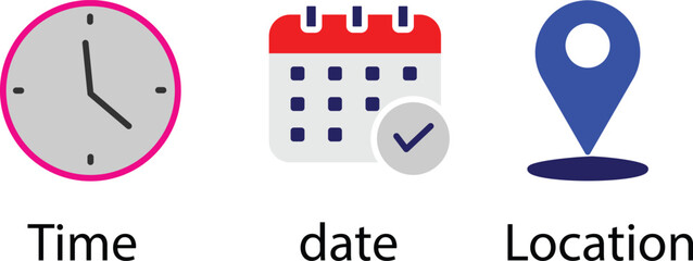  Notification line icons. Calendar, address location pointer and alarm bell. Place, Time, Date and Place, Time, Date and Notification line icons Notice alert, business schedule and office time clock. 