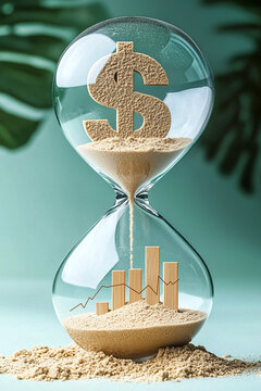 Hourglass with dollar sign and bars. Financial growth. Economic progress or depletion. Relationship between time and money.
