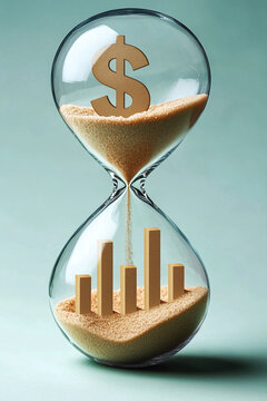Hourglass with dollar sign at the top and bars of the graph. Financial growth. Economic progress or depletion. Relationship between time and money.