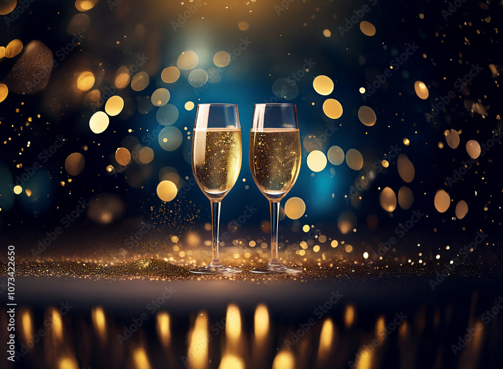 Poster Two champagne flutes filled with sparkling wine stand on a table with a blurred bokeh background of golden lights.