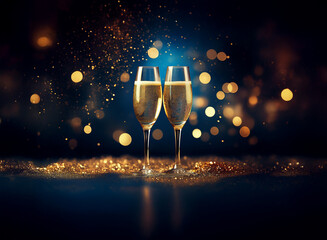 Two champagne flutes filled to the brim stand on a table with gold glitter against a dark blue background with festive lights.