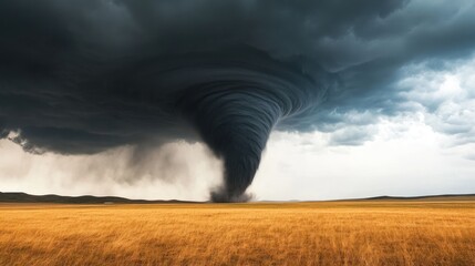 A powerful tornado touches down in a vast, golden field under dark, swirling clouds, creating a dramatic contrast with the serene landscape.