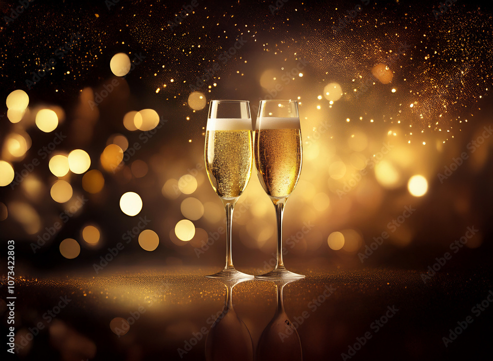 Poster two champagne flutes filled with sparkling wine against a backdrop of twinkling lights.