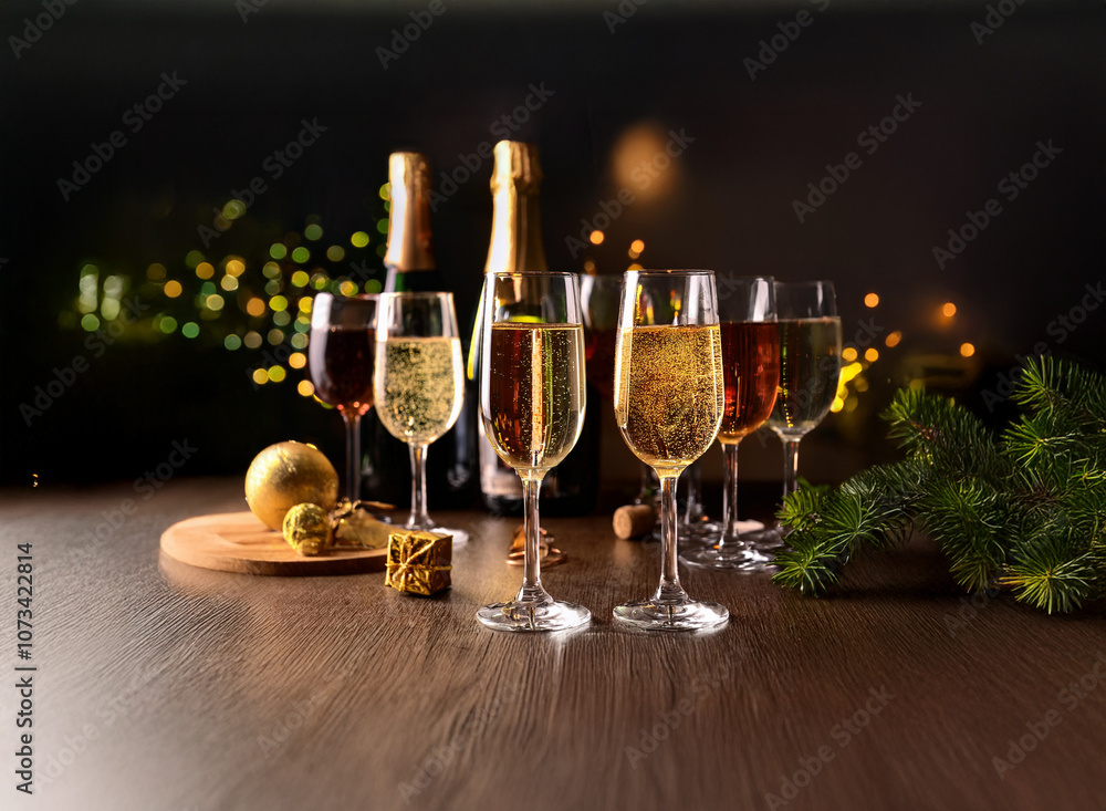 Poster champagne flutes filled with sparkling wine and red wine glasses with a bottle of champagne and red 