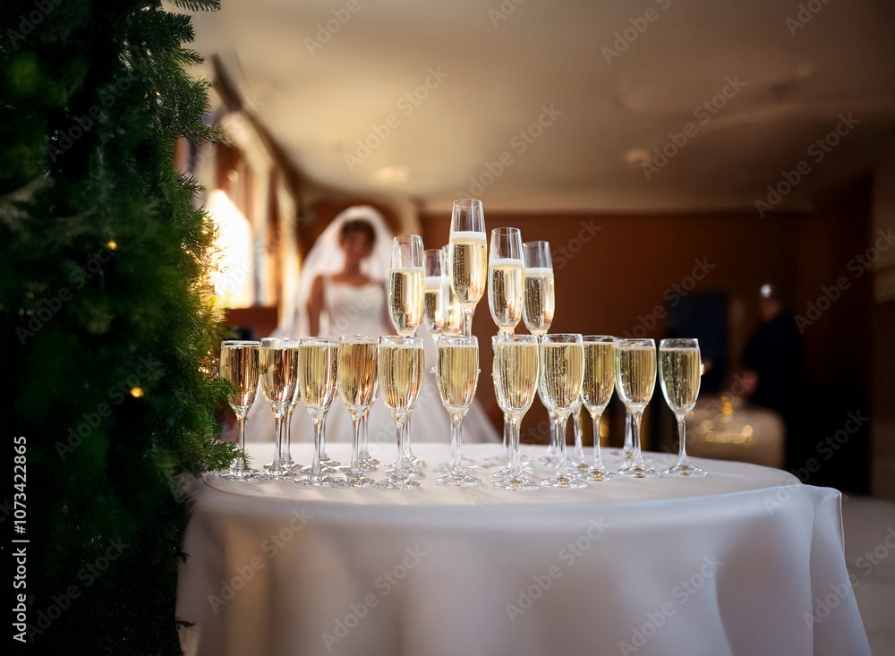 Aufkleber a table covered in a white tablecloth is set with champagne flutes filled with sparkling wine. a bri
