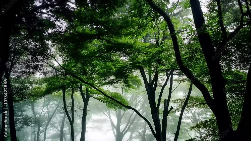 Poster Mysterious fog enveloping lush green forest with tall trees creating serene atmosphere : Generative AI