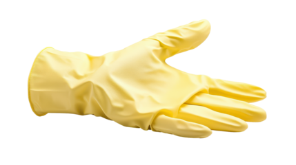 A yellow glove is shown with a white background. transparent background