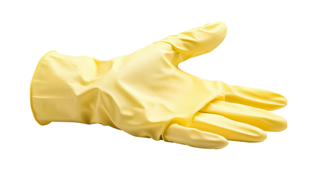A yellow glove is shown with a white background. transparent background