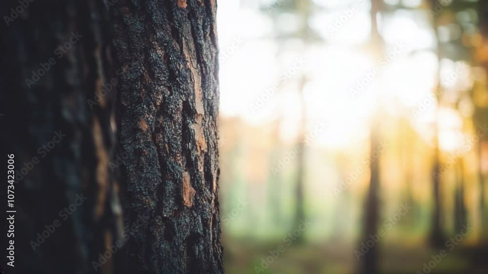 Poster Serene forest with closeup of tree bark and blurred bokeh background during golden hour : Generative AI