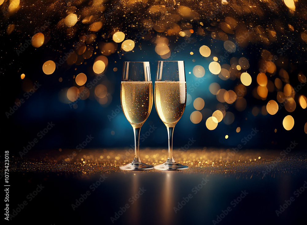 Poster two champagne flutes filled with bubbly against a dark blue background with scattered golden bokeh.