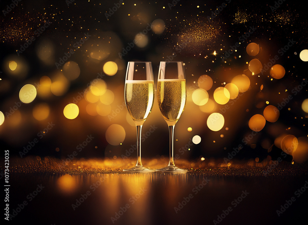 Poster two champagne flutes filled with sparkling golden liquid, set against a bokeh backdrop of warm light