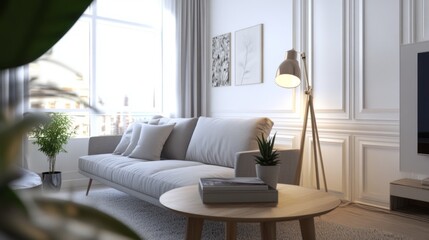 Modern Living Room Interior with Grey Sofa, Wooden Table, and Floor Lamp