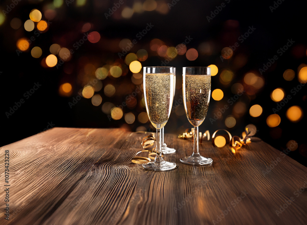 Poster Three champagne flutes filled with bubbly sit on a rustic wooden table in front of a bokeh background of warm, yellow lights.