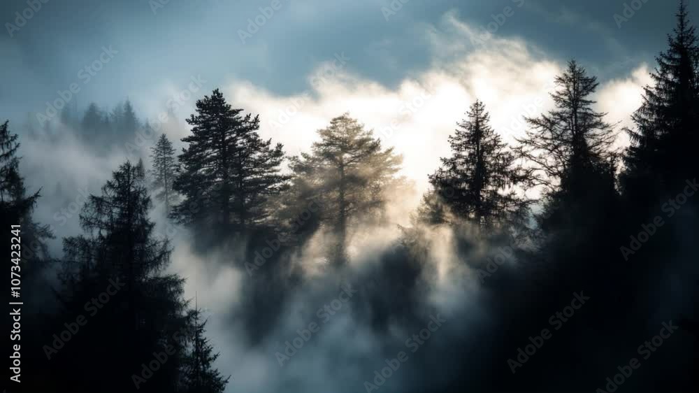 Poster Misty Forest with Sunlight Piercing Through the Trees at Dawn : Generative AI