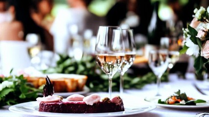 Elegant dinner table setting with wine glasses and floral centerpiece : Generative AI