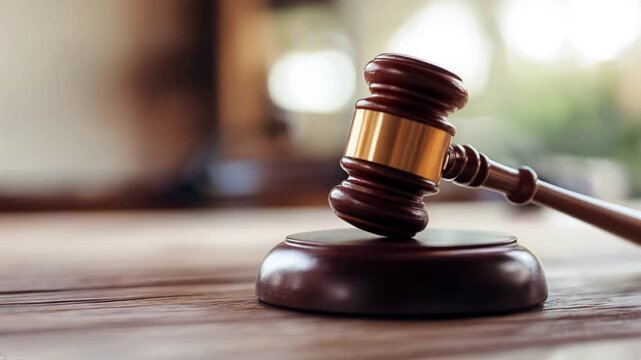 Wooden Judge Gavel Resting on Table Symbolizing Justice and Legal Authority : Generative AI