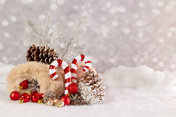 Christmas background with a shoe and Christmas decorations