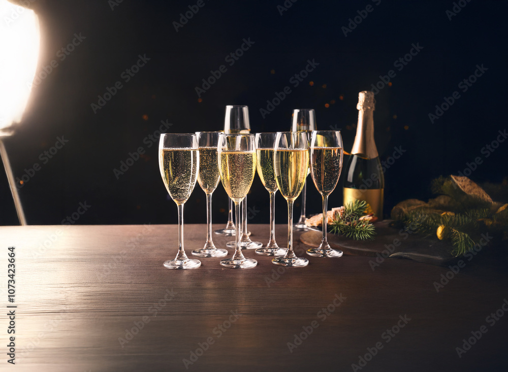 Poster a table set with champagne flutes and a bottle of champagne with a festive arrangement of evergreen 