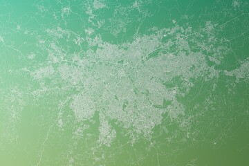 Map of the streets of Sao Paulo (Brazil) made with white lines on yellowish green gradient background. Top view. 3d render, illustration