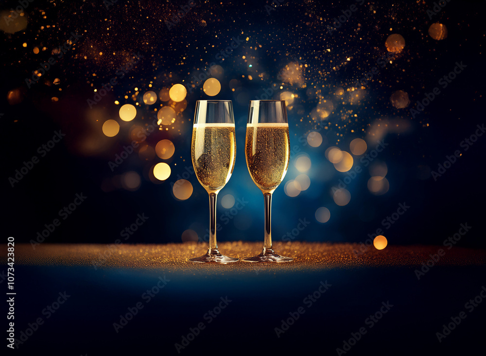 Poster Two champagne flutes filled with sparkling wine sit on a table with gold glitter and a blurred background of bokeh lights.