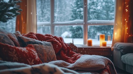 Cozy Winter Living Room with Snow Falling Outside and Candles on Windowsill