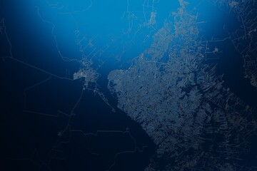 Street map of Asuncion (Paraguay) engraved on blue metal background. View with light coming from top. 3d render, illustration