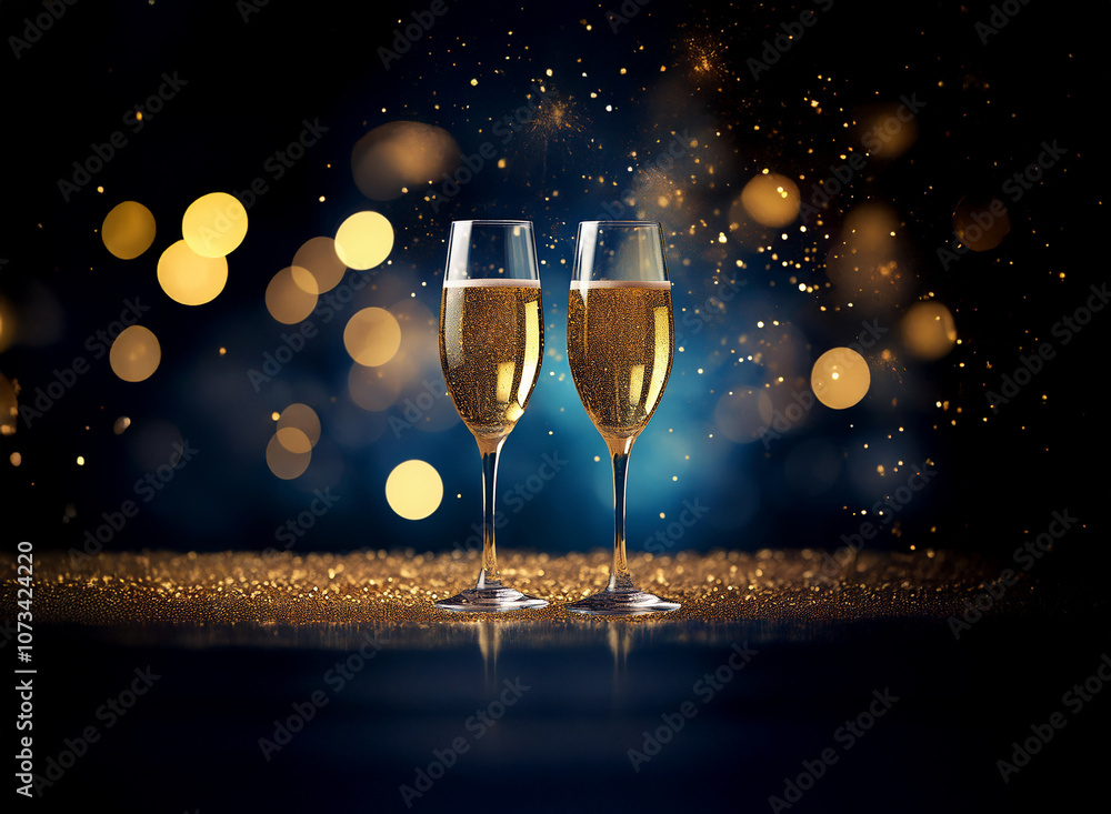 Poster two champagne flutes filled with sparkling golden liquid stand on a glittery surface against a dark 