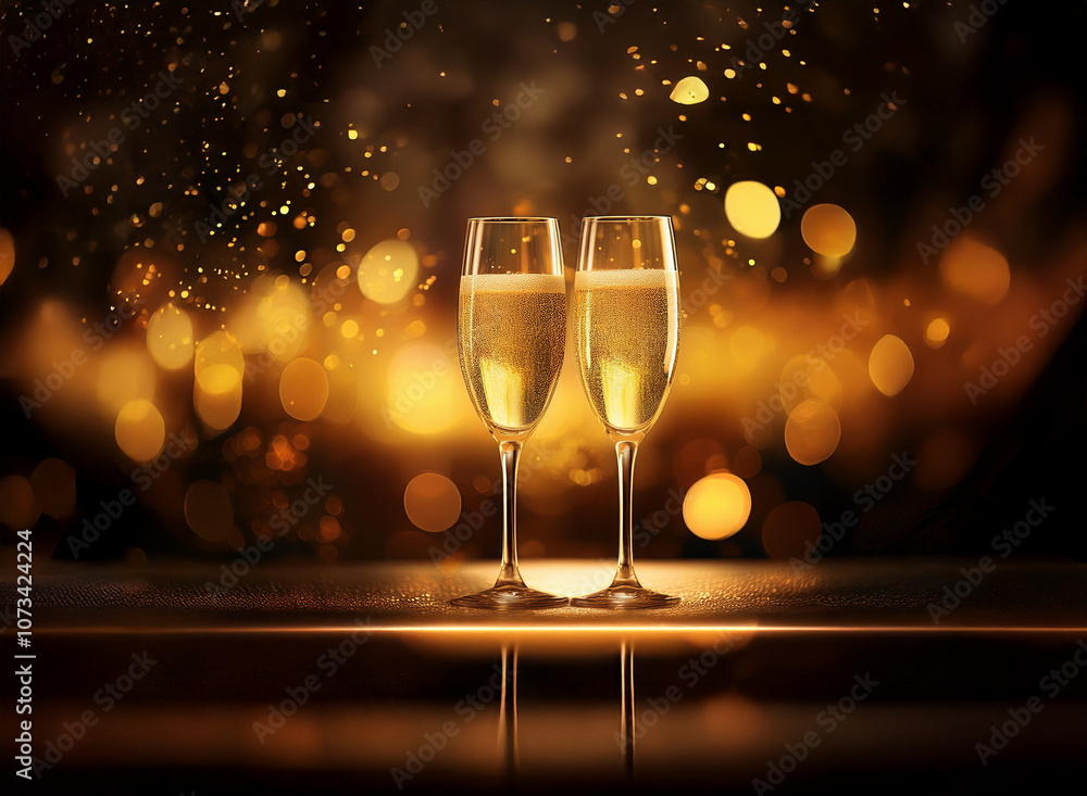 Poster Two champagne flutes filled with bubbly stand on a shiny surface in front of a golden bokeh background.