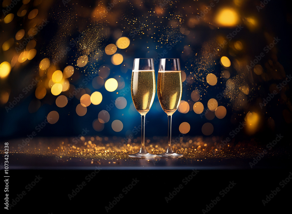 Poster Two champagne flutes filled with sparkling wine sit on a dark surface with gold glitter and blurred lights in the background.