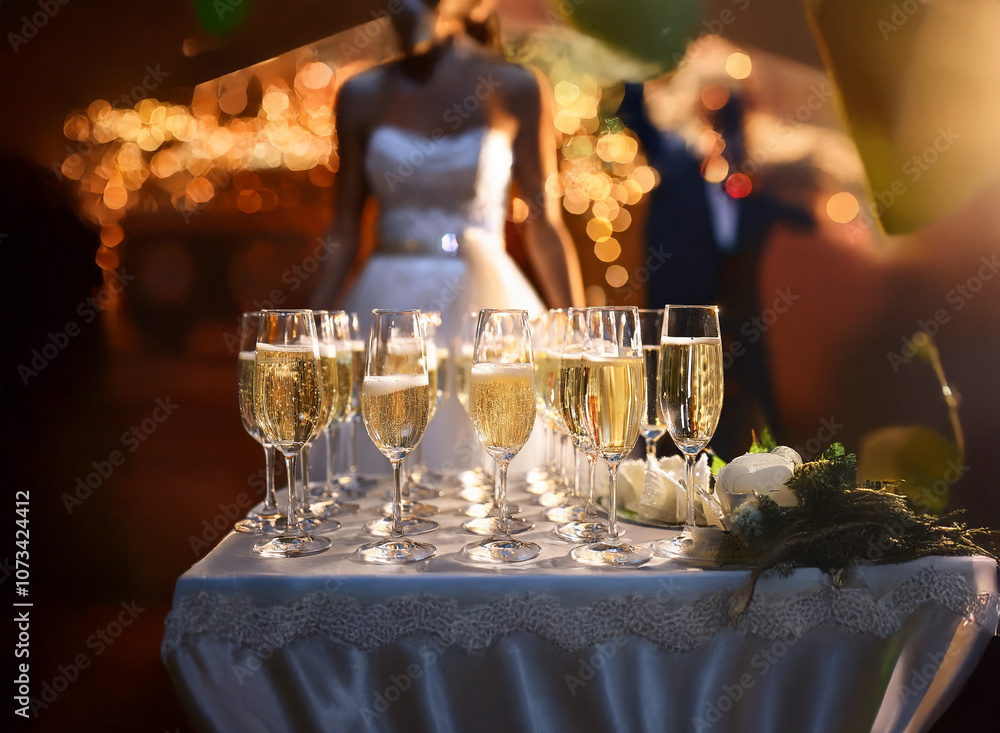 Poster a table with champagne flutes filled with bubbly sits at the forefront of the scene. a bride and gro