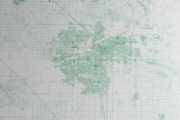Map of the streets of Bakersfield (California, USA) made with green lines on white paper. 3d render, illustration