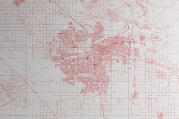 Map of the streets of Bakersfield (California, USA) made with red lines on white paper. 3d render, illustration