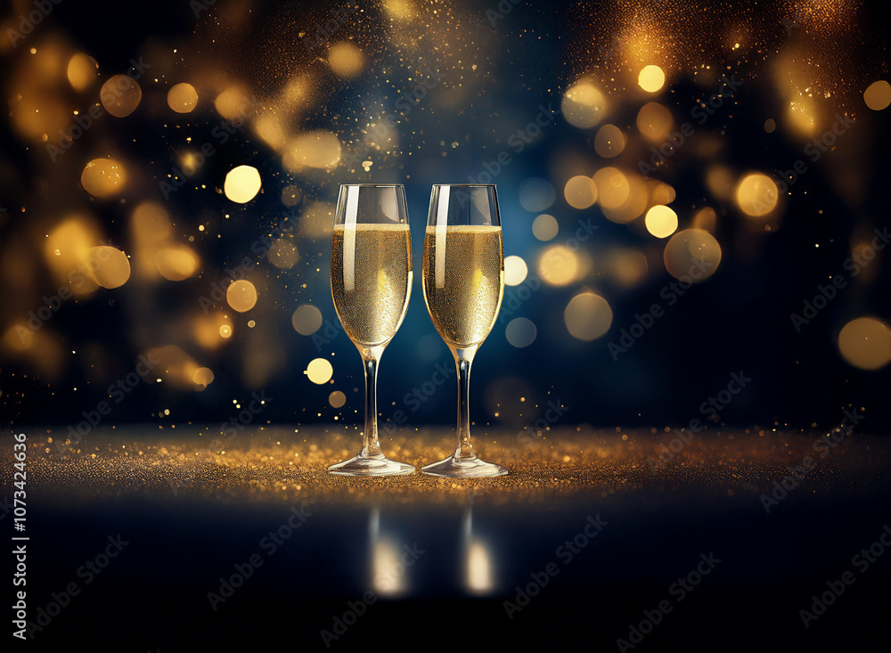 Aufkleber two champagne flutes with golden liquid, set on a shimmering surface against a backdrop of twinkling