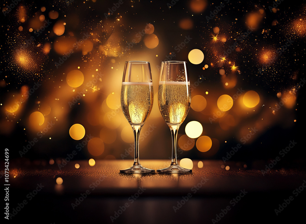 Poster two champagne flutes filled with sparkling wine on a dark wooden surface with a bokeh background.