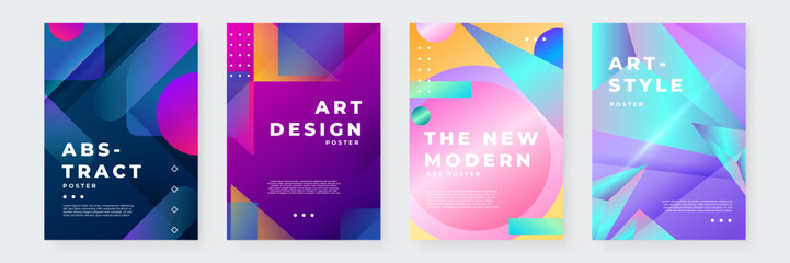 Fototapeta premium Vibrant Abstract Art Poster Collection With Modern Design. Collection of four vibrant abstract art posters featuring geometric shapes. Ideal for creative environments and artistic expression