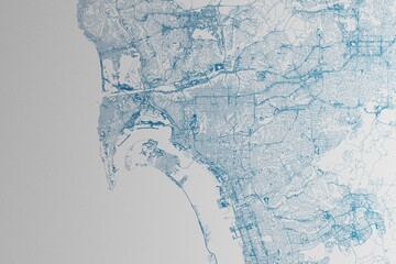 Map of the streets of San Diego (California, USA) made with blue lines on white paper. 3d render, illustration © Hairem