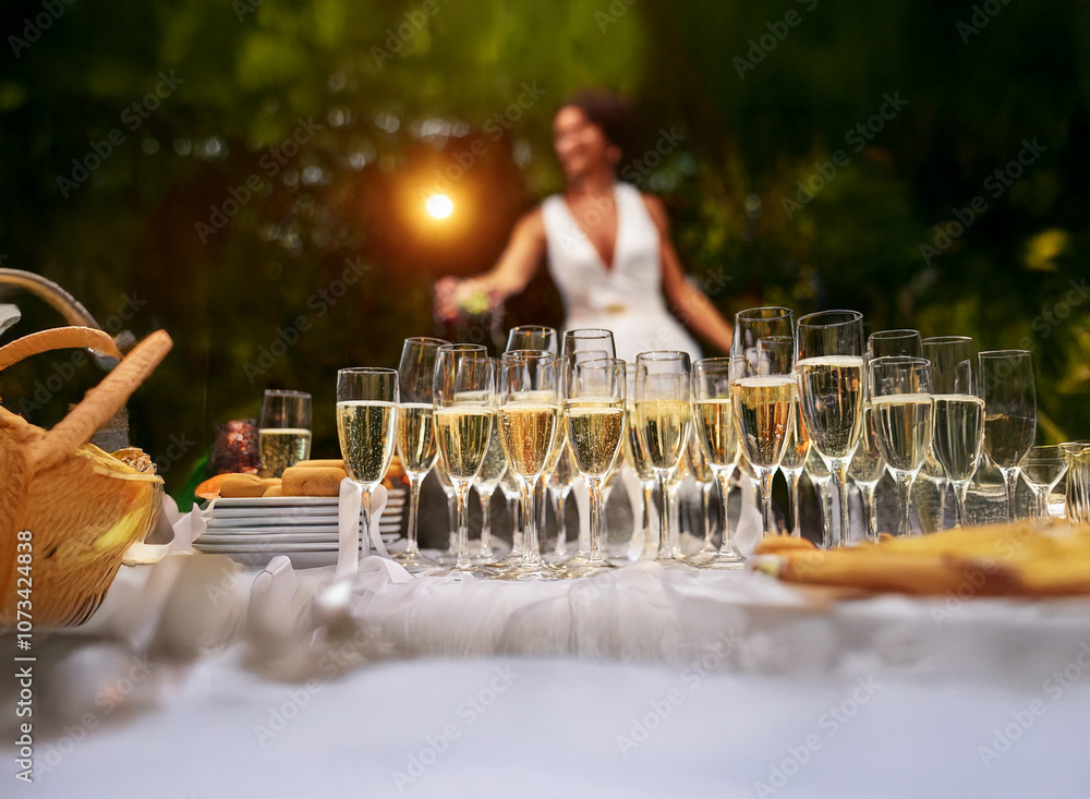 Poster a table set for a celebration with champagne flutes filled with bubbly and a blurry figure in a whit