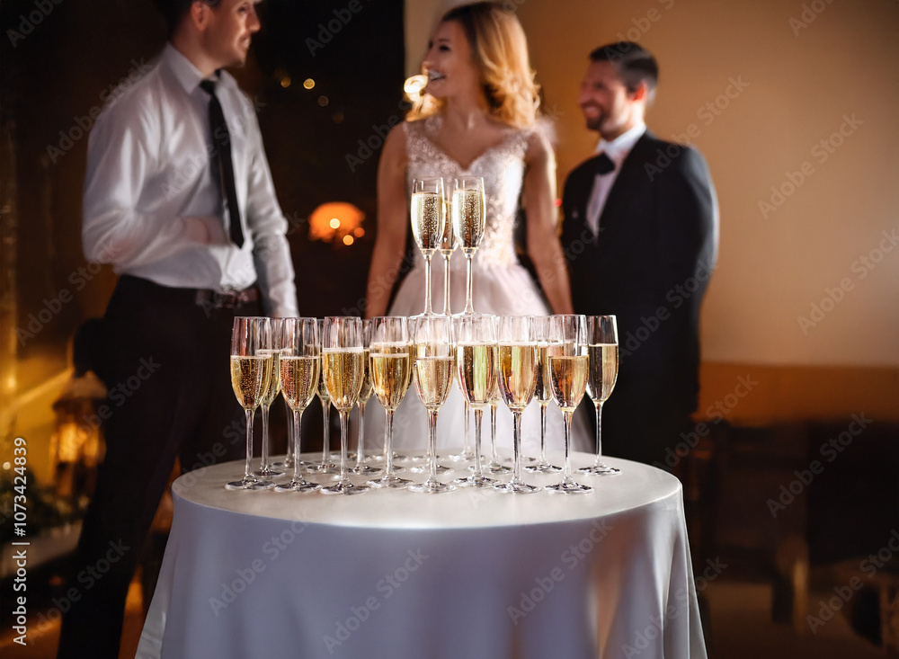 Poster a table with a white tablecloth is set with champagne flutes, the bride and groom stand in the backg
