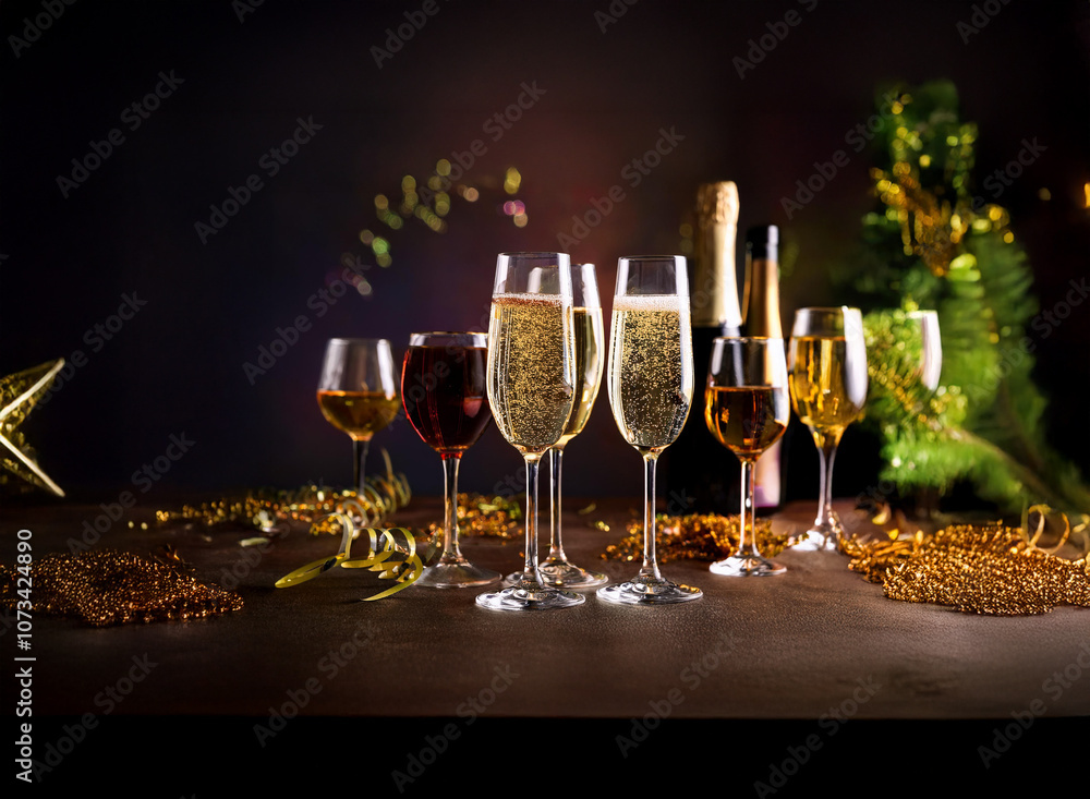 Poster A festive table setting with champagne flutes and wine glasses, surrounded by sparkling confetti and golden decorations.