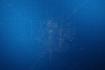 Stylized map of the streets of Bloomington (Illinois, USA) made with white lines on abstract blue background lit by two lights. Top view. 3d render, illustration