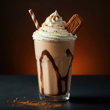 Lotus Biscoff Sundae milkshake with chocolate, whipped cream and straw served in glass on dark background healthy drink